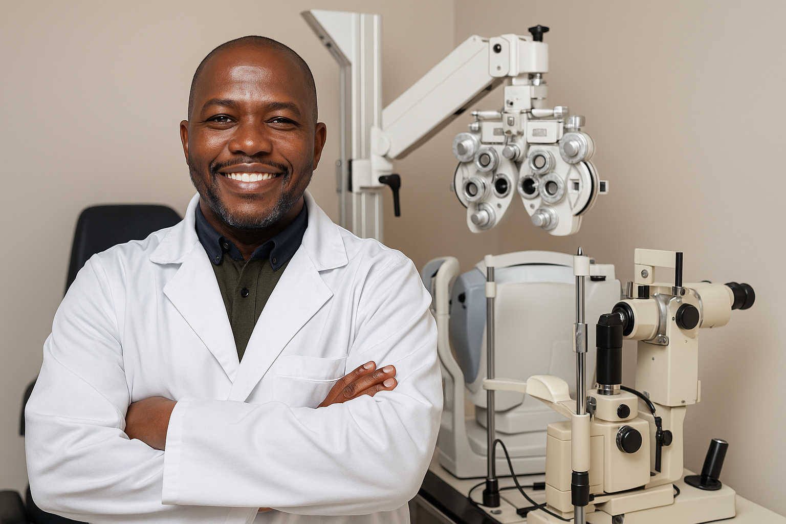 Man in lab coat standing in eye examination room.